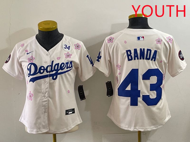 Youth Los Angeles Dodgers 43 Banda Cream Sakura Edition 2025 Nike MLB Jersey style 38